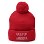 Red knit beanie with pompom from Gulf of America Embroidered Knit Pom Pom Beanie collection