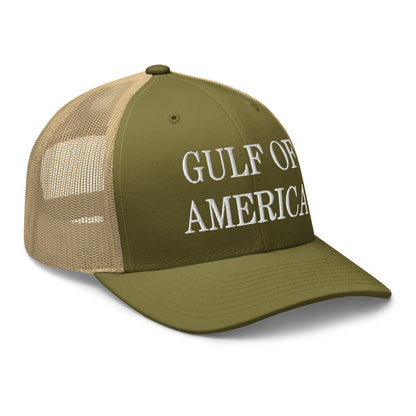 Olive green Gulf of America Embroidered Mesh Trucker Hat showcasing embroidered truckers style