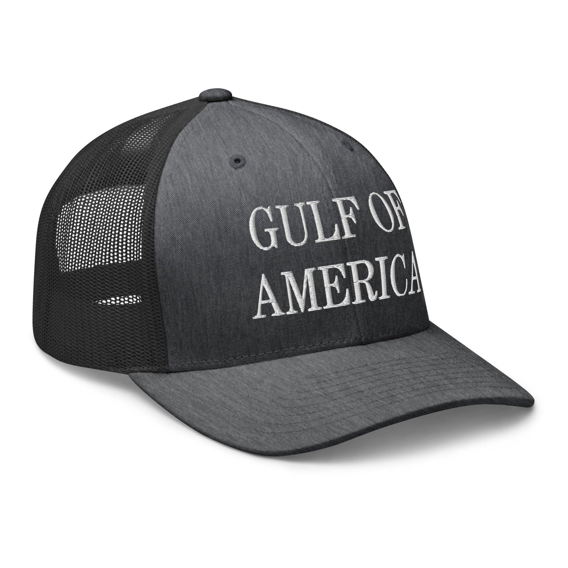 Gray mesh trucker hat with embroidered America embroidered mesh design and white text