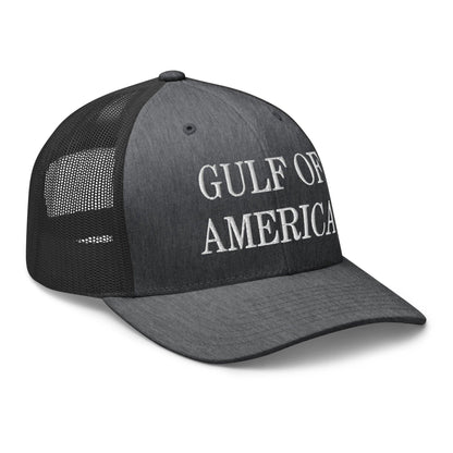 Gray mesh trucker hat with embroidered America embroidered mesh design and white text