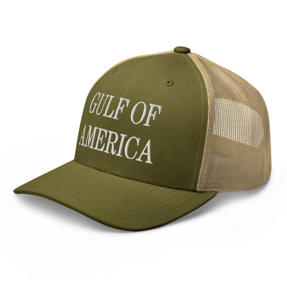 Olive green Gulf of America embroidered mesh trucker hat showcasing American embroidered mesh design
