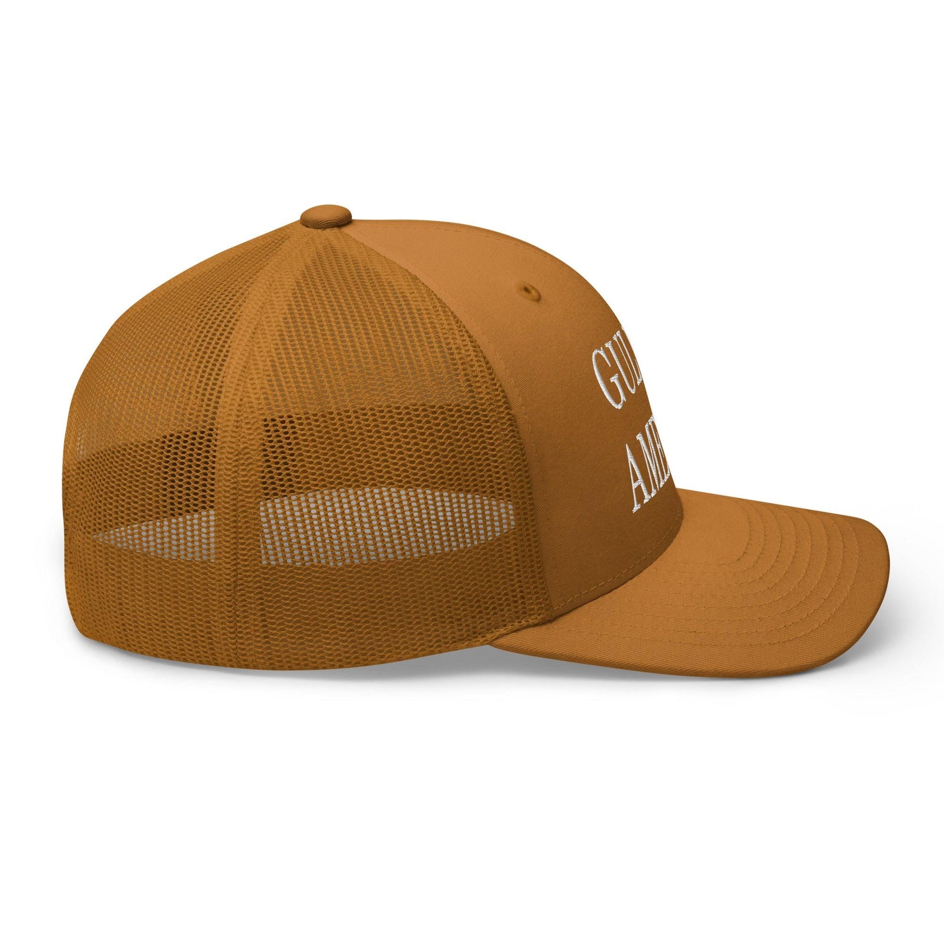 Brown trucker hat featuring Gulf of America embroidered mesh design, ideal for mesh trucker hat enthusiasts