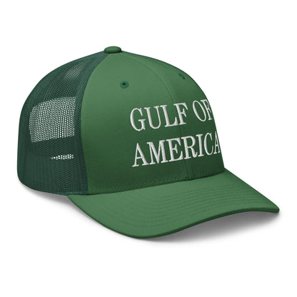 Green mesh trucker hat with America embroidered mesh and Gulf of America design