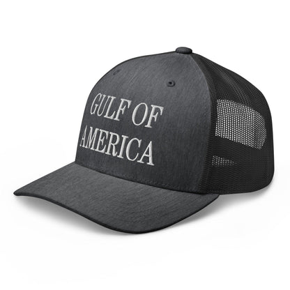 Gray mesh trucker hat with white america embroidered mesh and embroidered truckers text