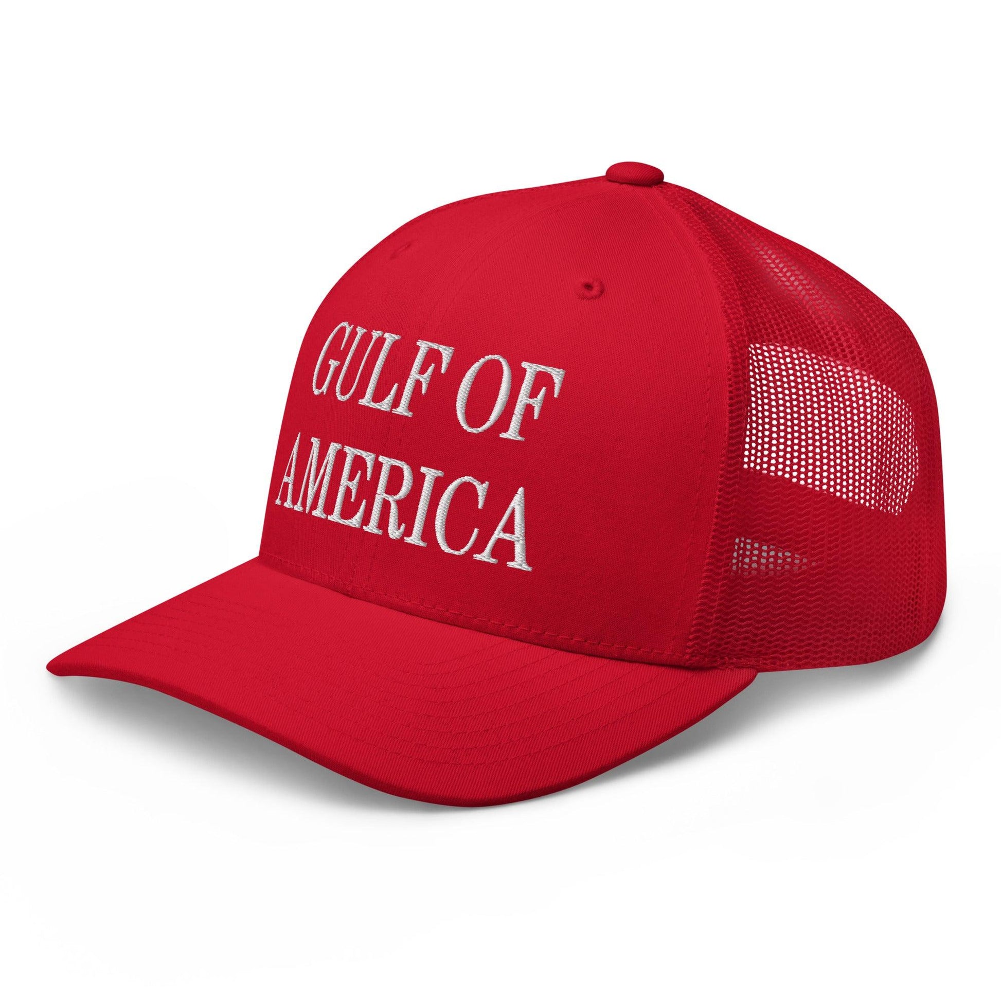 Red trucker hat with America embroidered mesh design in a stylish mesh trucker hat style