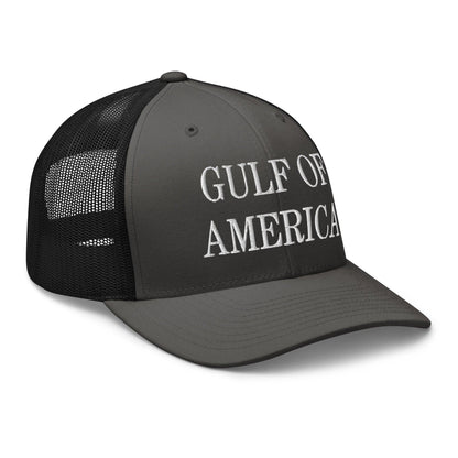 Gray mesh trucker hat with Gulf of America embroidered mesh design