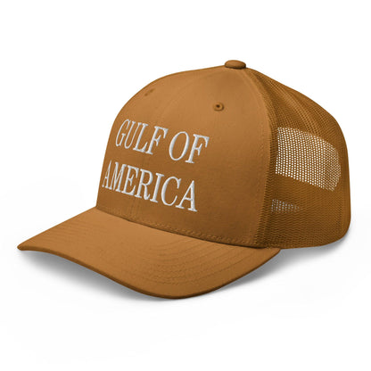 Brown trucker hat with Gulf of America embroidered mesh design, perfect for mesh trucker hat enthusiasts