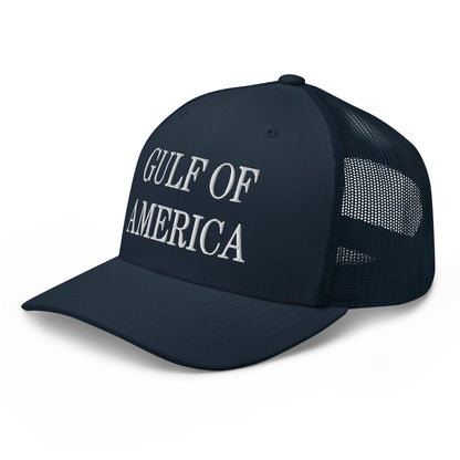 Navy blue Gulf of America embroidered mesh trucker hat with American flag design