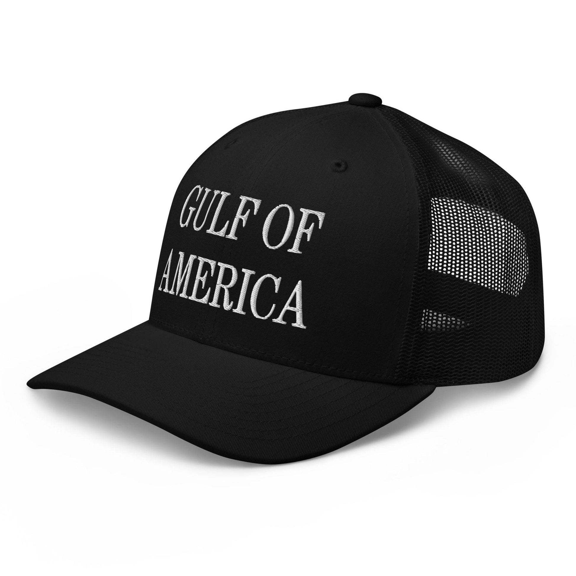 Black trucker hat with white text from Gulf of America Embroidered Mesh Trucker Hat showcasing embroidered truckers