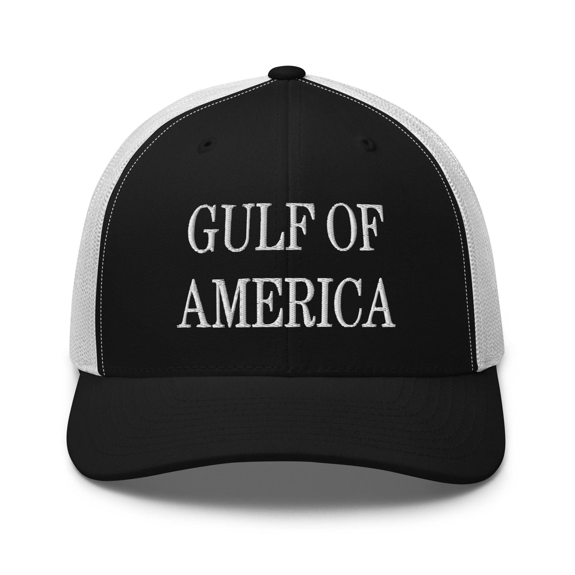 Black and white Gulf of America embroidered mesh trucker hat for stylish casual wear