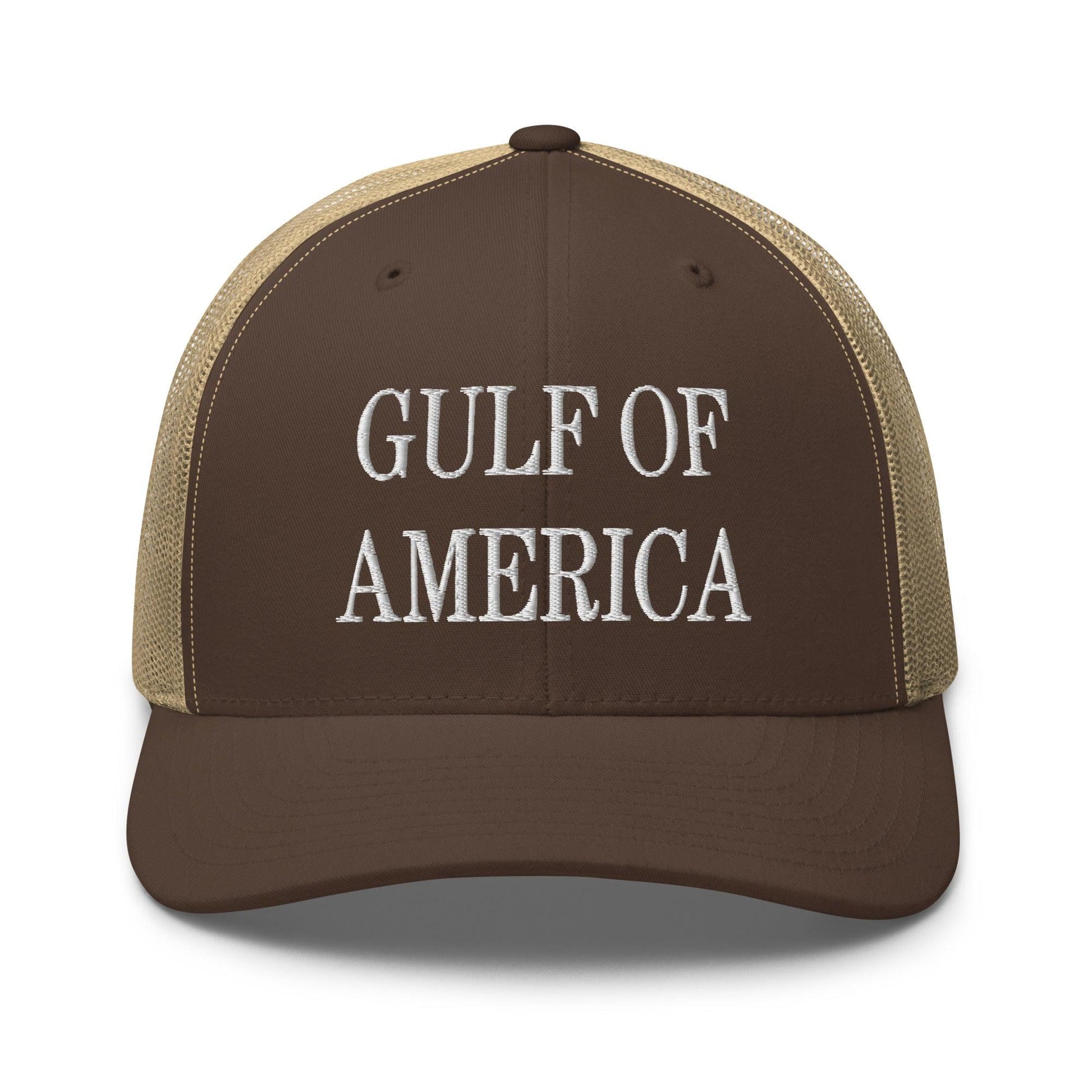 Brown trucker hat with embroidered Gulf of America mesh design, perfect mesh trucker hat