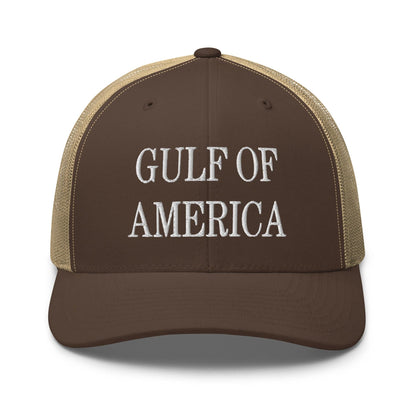 Brown trucker hat with embroidered Gulf of America mesh design, perfect mesh trucker hat
