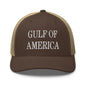 Brown trucker hat with embroidered Gulf of America mesh design, perfect mesh trucker hat