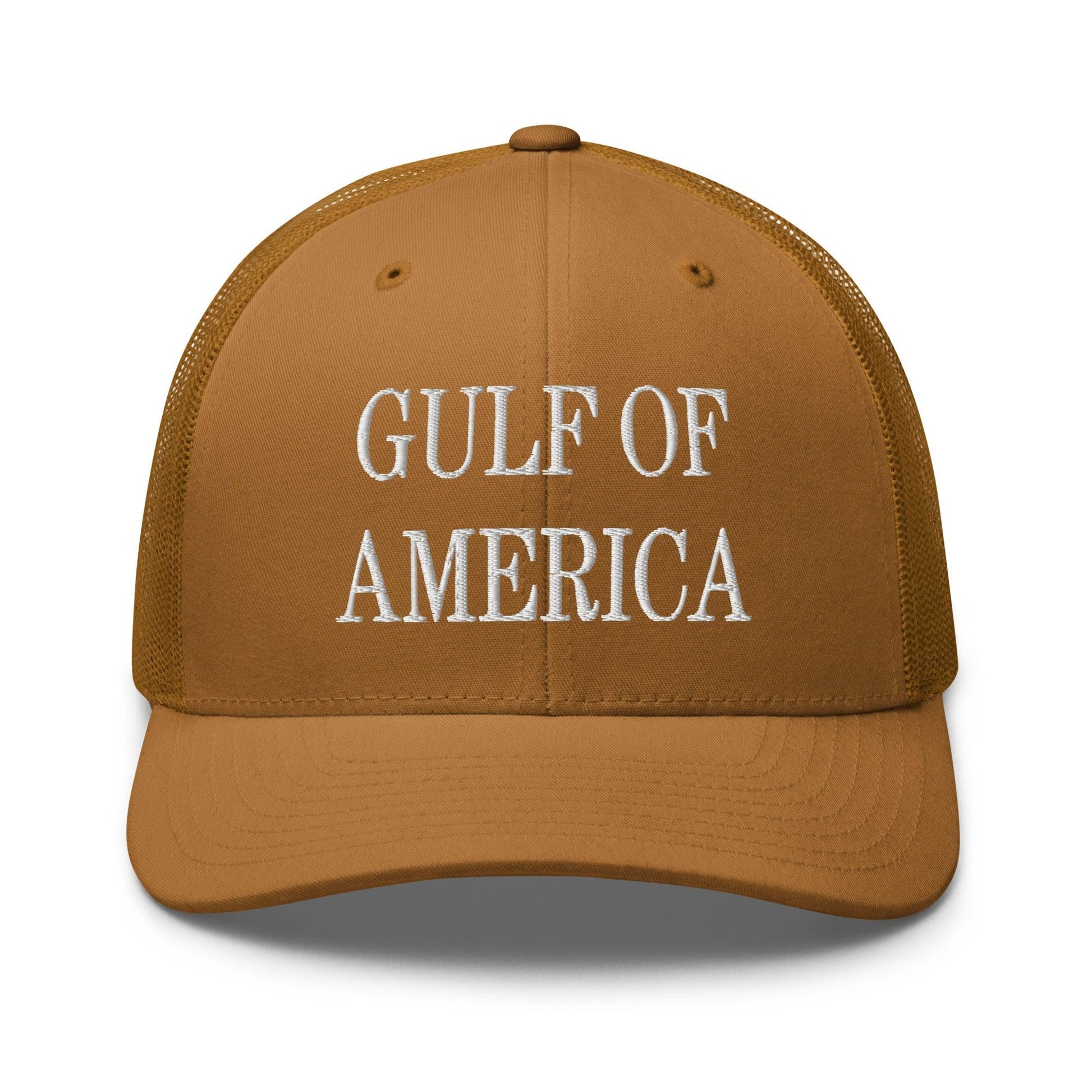 Brown Gulf of America Embroidered Mesh Trucker Hat showcasing American embroidered mesh detail