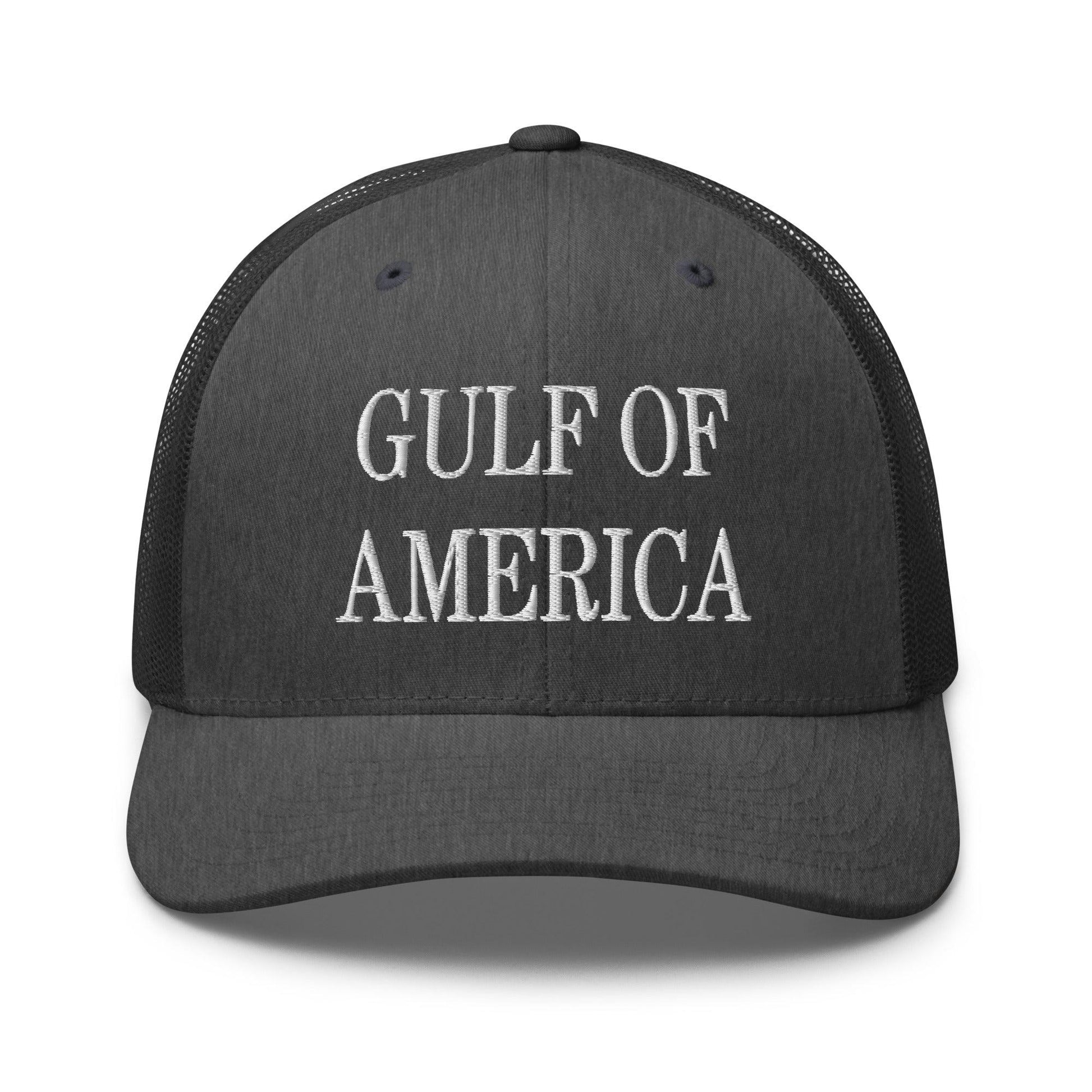 Gray trucker hat with America embroidered mesh design from Gulf of America Embroidered Mesh Trucker Hat collection