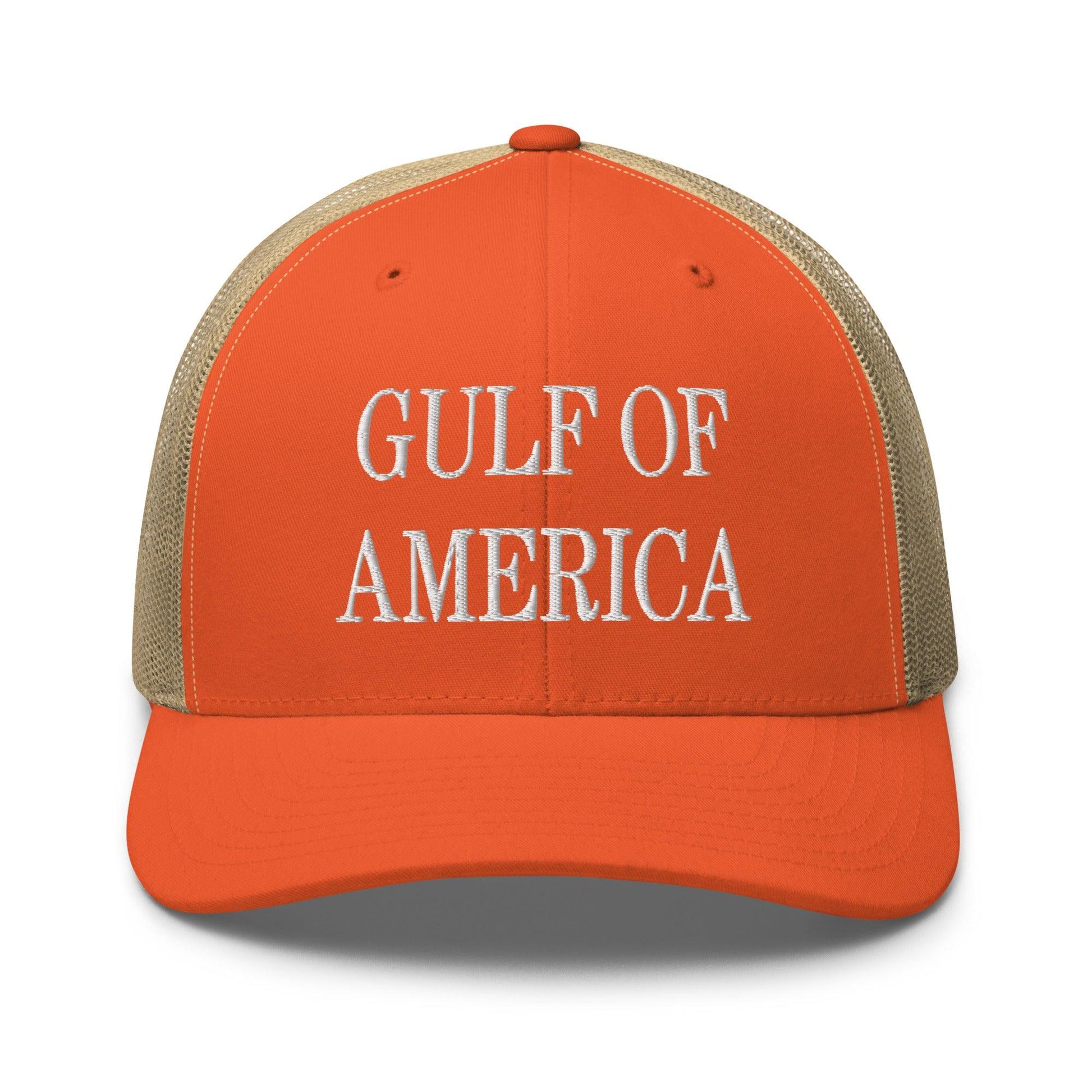 Orange Gulf of America Embroidered Mesh Trucker Hat showcasing embroidered truckers design