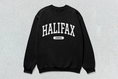 Black Halifax sweatshirt featuring custom apparel design on unisex heavyweight crewneck with screen printing