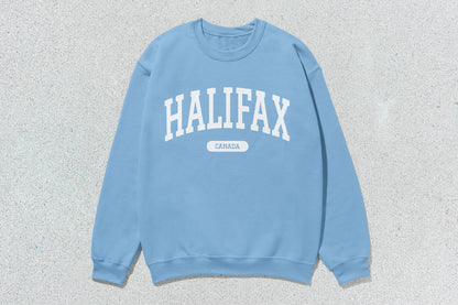 Light blue Halifax Canada sweatshirt on Halifax unisex heavyweight crewneck for custom apparel