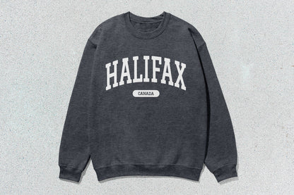 Gray Halifax Unisex Heavy Blend Crewneck Sweatshirt showcasing custom apparel and screen printing