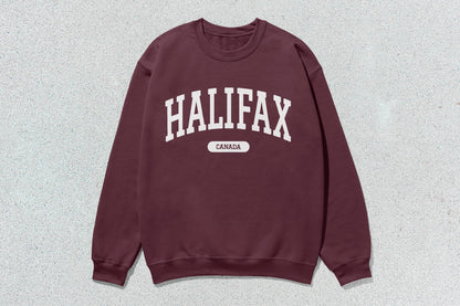 Maroon Halifax unisex heavy blend crewneck sweatshirt showcasing premium custom apparel with screen printing