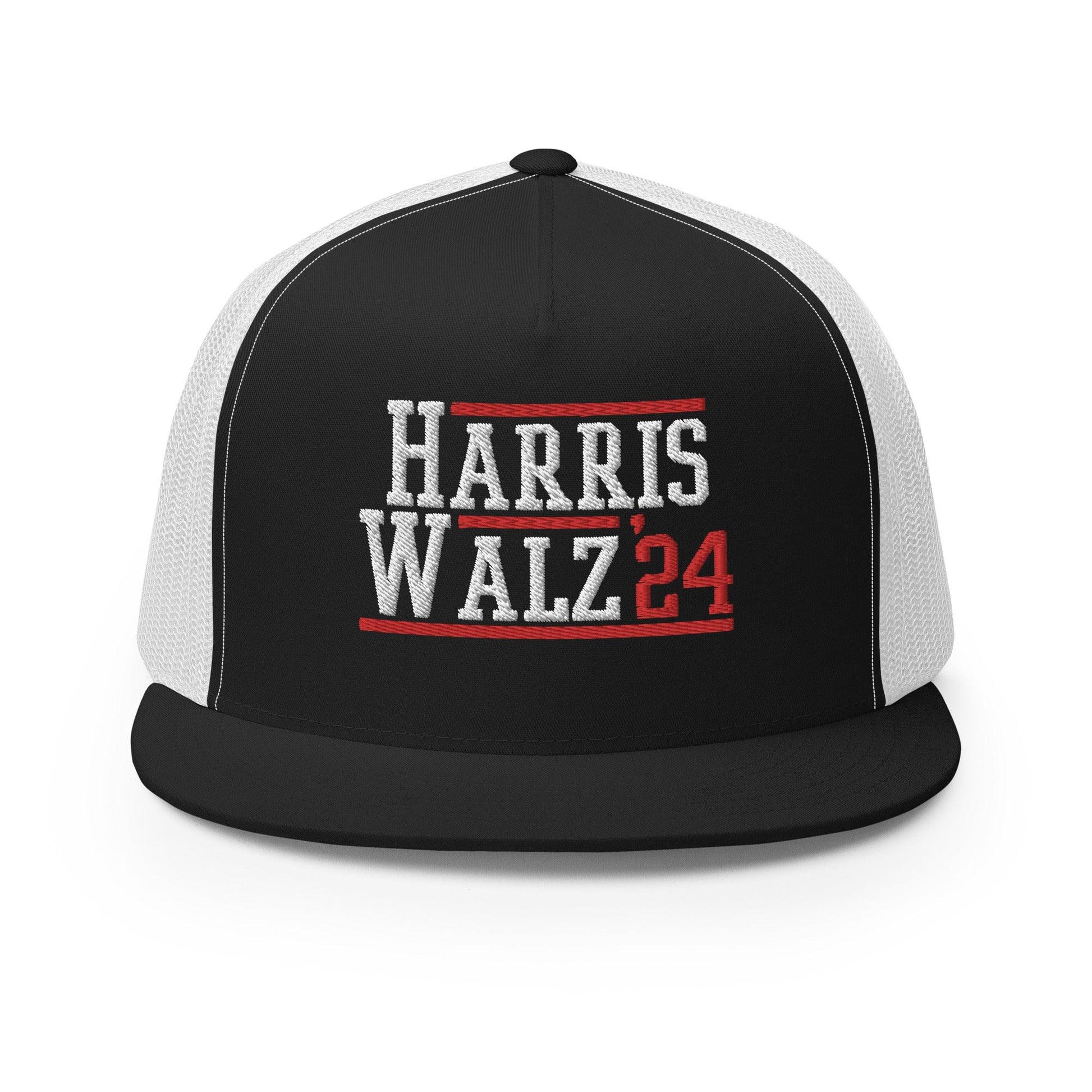 Harris Walz 2024 24 Flat Bill Brim Trucker Hat - Black/ White