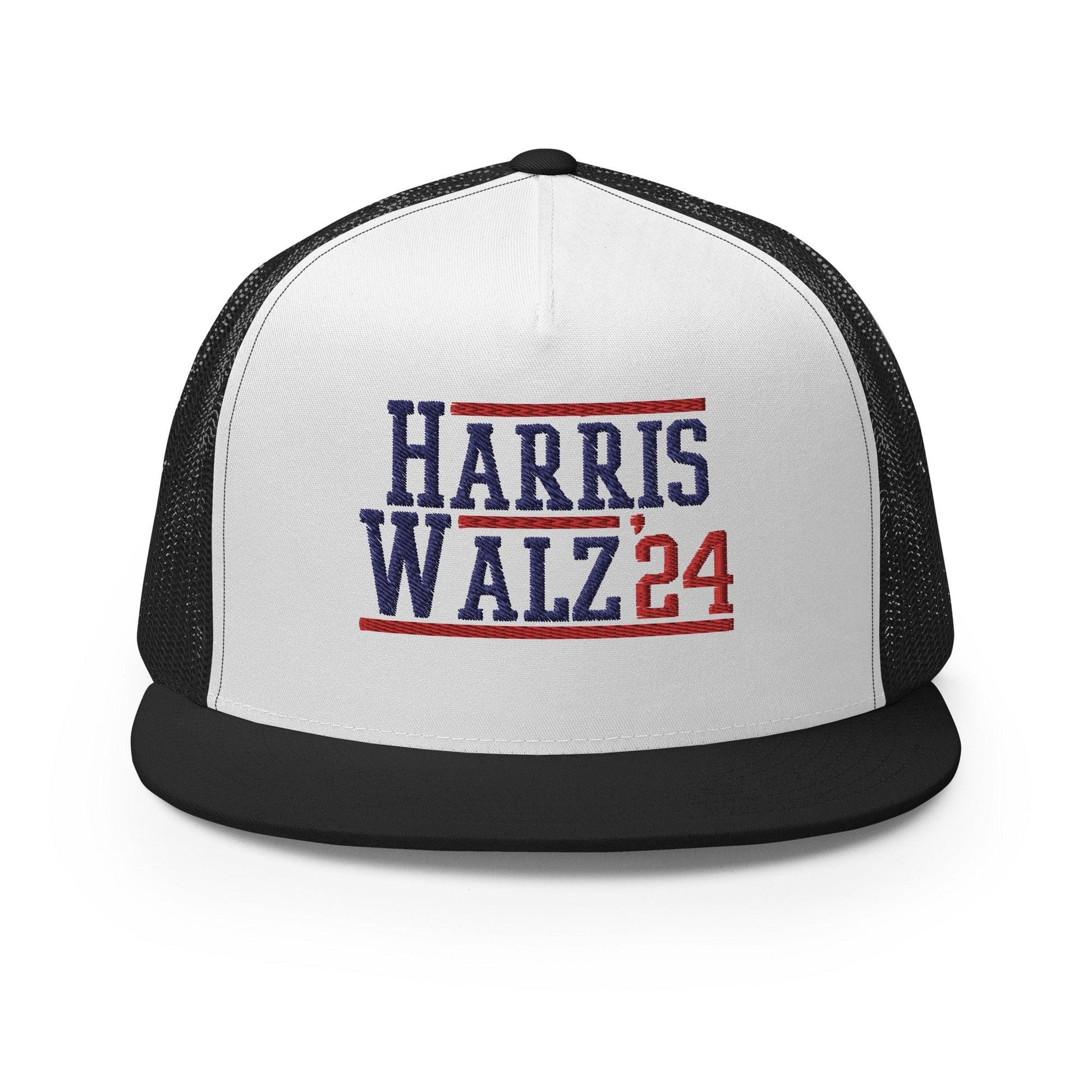 Harris Walz 2024 24 Flat Bill Brim Trucker Hat - Black/ White/ Black