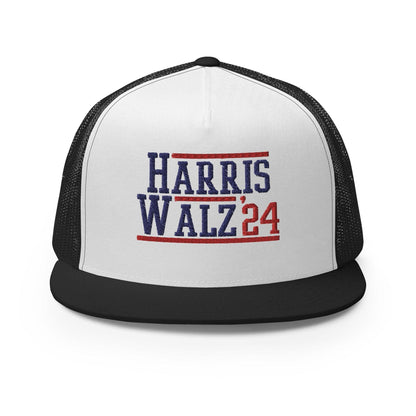 Harris Walz 2024 24 Flat Bill Brim Trucker Hat - Black/ White/ Black