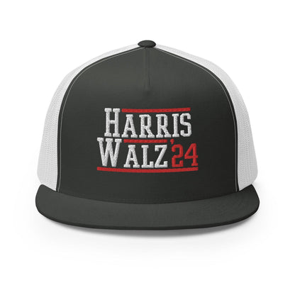 Harris Walz 2024 24 Flat Bill Brim Trucker Hat - Charcoal/ White