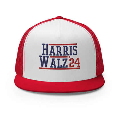 Harris Walz 2024 24 Flat Bill Brim Trucker Hat - Red/ White/ Red