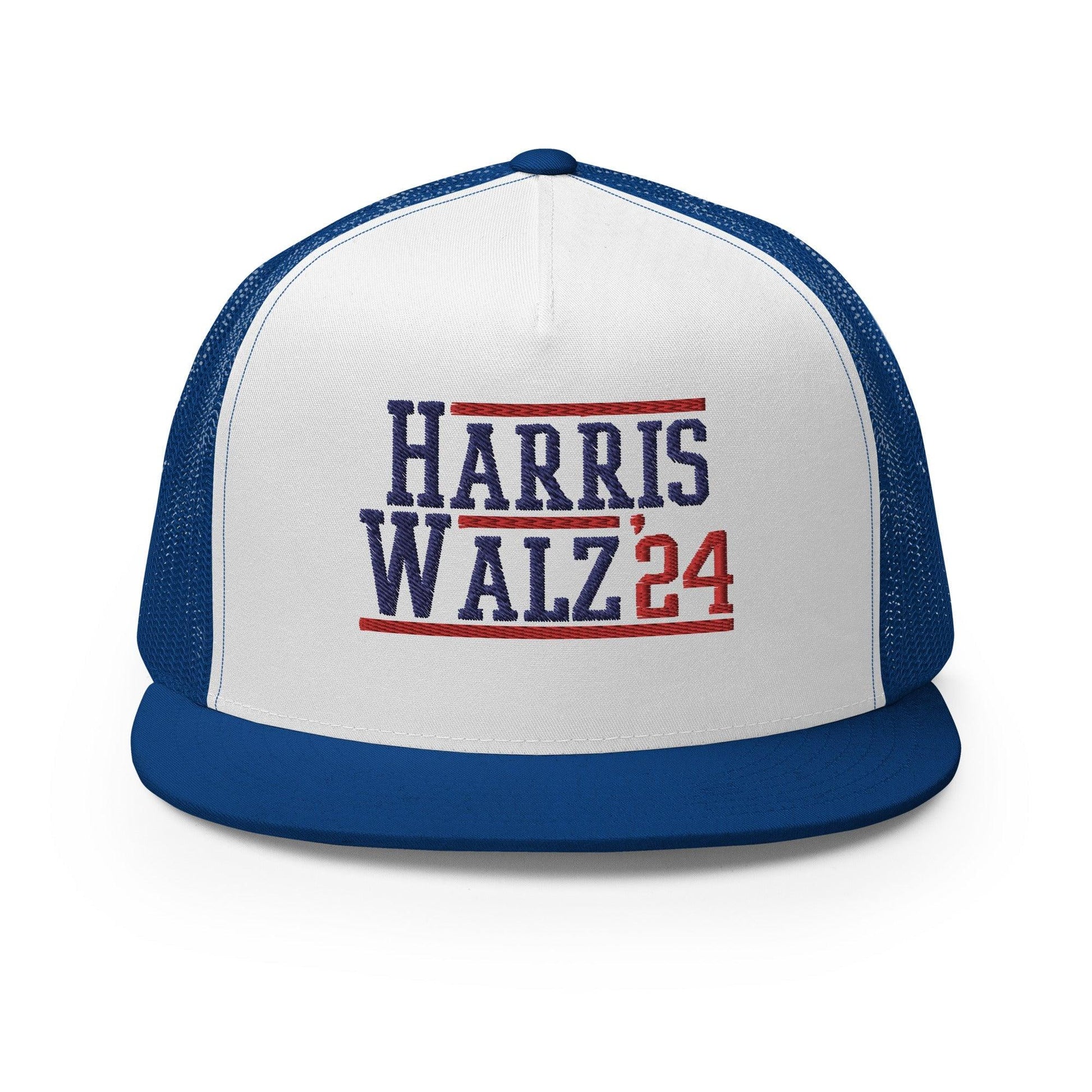 Harris Walz 2024 24 Flat Bill Brim Trucker Hat - Royal/ White/ Royal