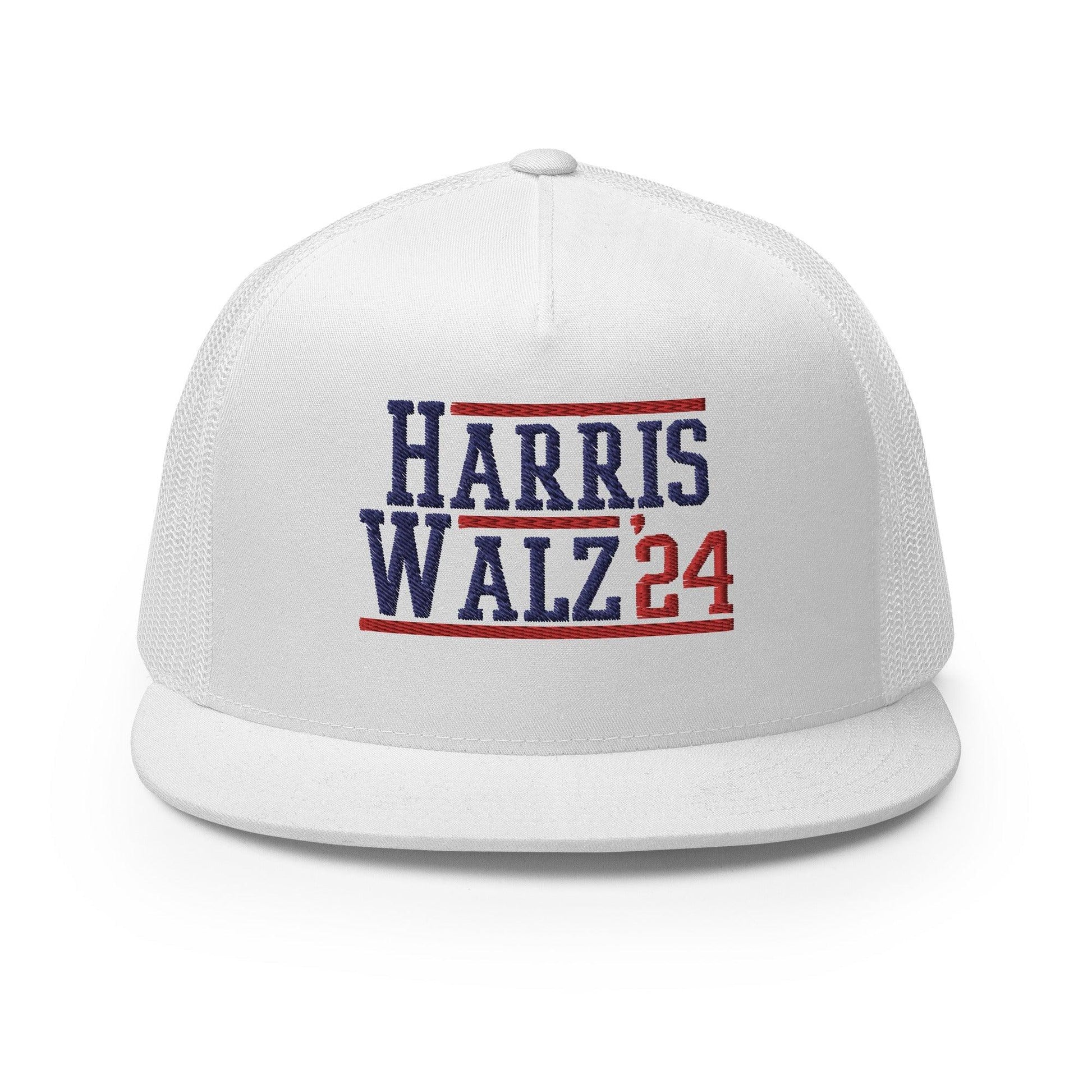 Harris Walz 2024 24 Flat Bill Brim Trucker Hat - White