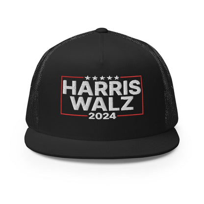 Harris Walz 2024 Flat Bill Brim Trucker Hat - Black
