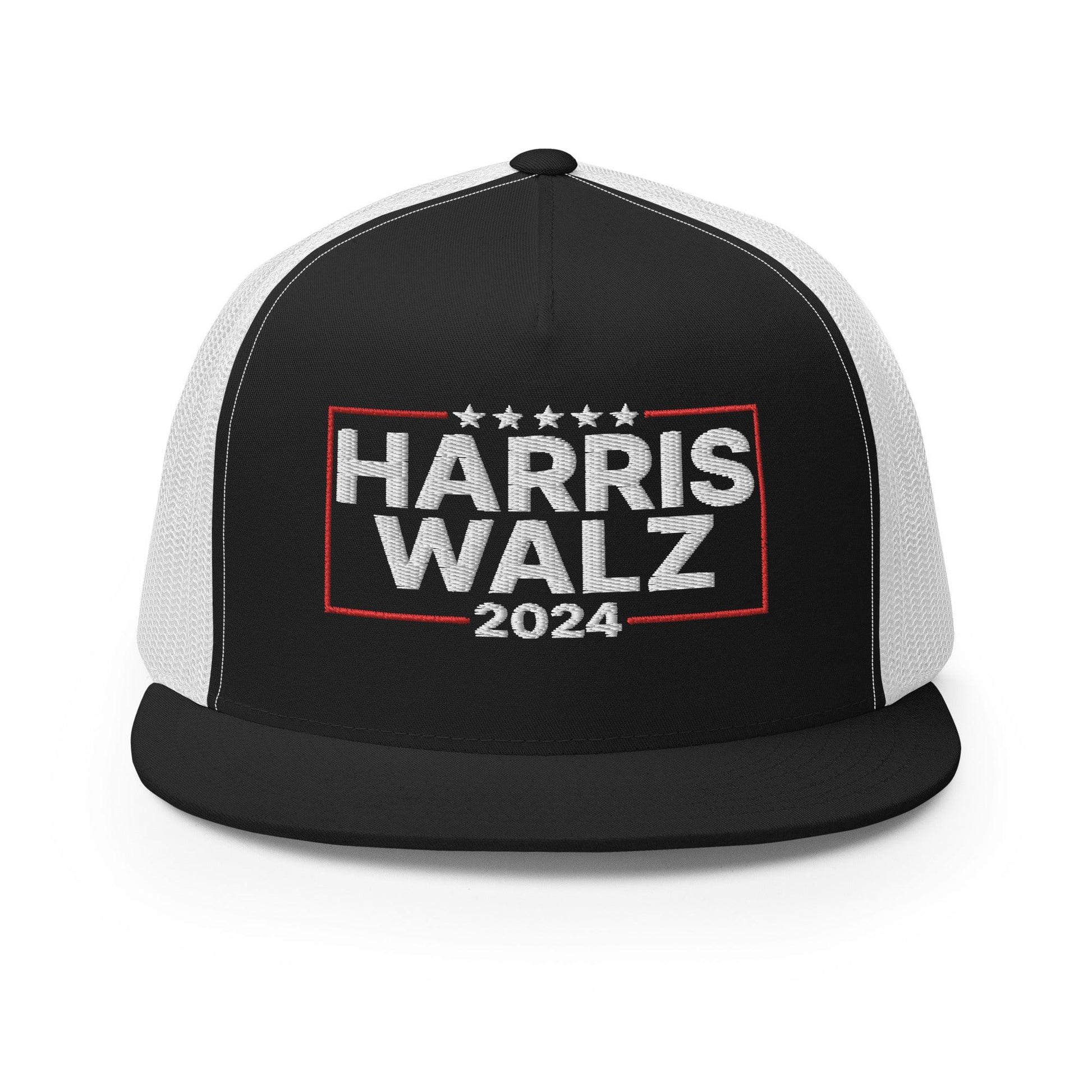 Harris Walz 2024 Flat Bill Brim Trucker Hat - Black/ White