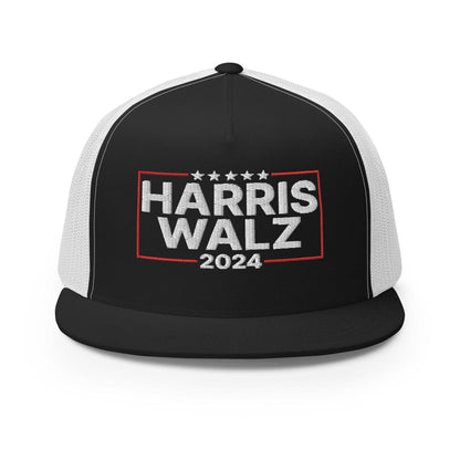 Harris Walz 2024 Flat Bill Brim Trucker Hat - Black/ White