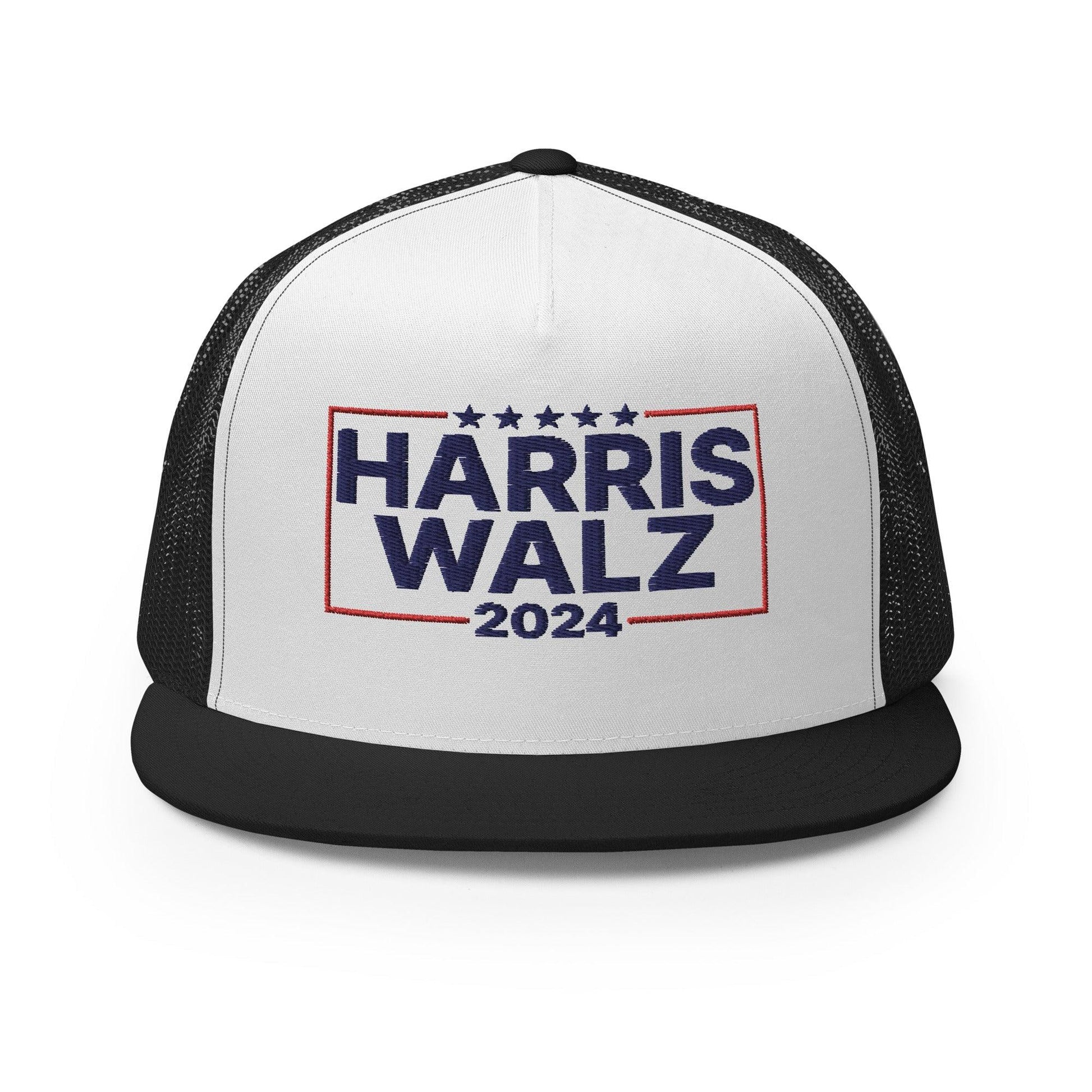 Harris Walz 2024 Flat Bill Brim Trucker Hat - Black/ White/ Black