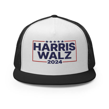Harris Walz 2024 Flat Bill Brim Trucker Hat - Black/ White/ Black