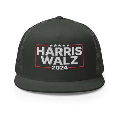 Harris Walz 2024 Flat Bill Brim Trucker Hat - Charcoal