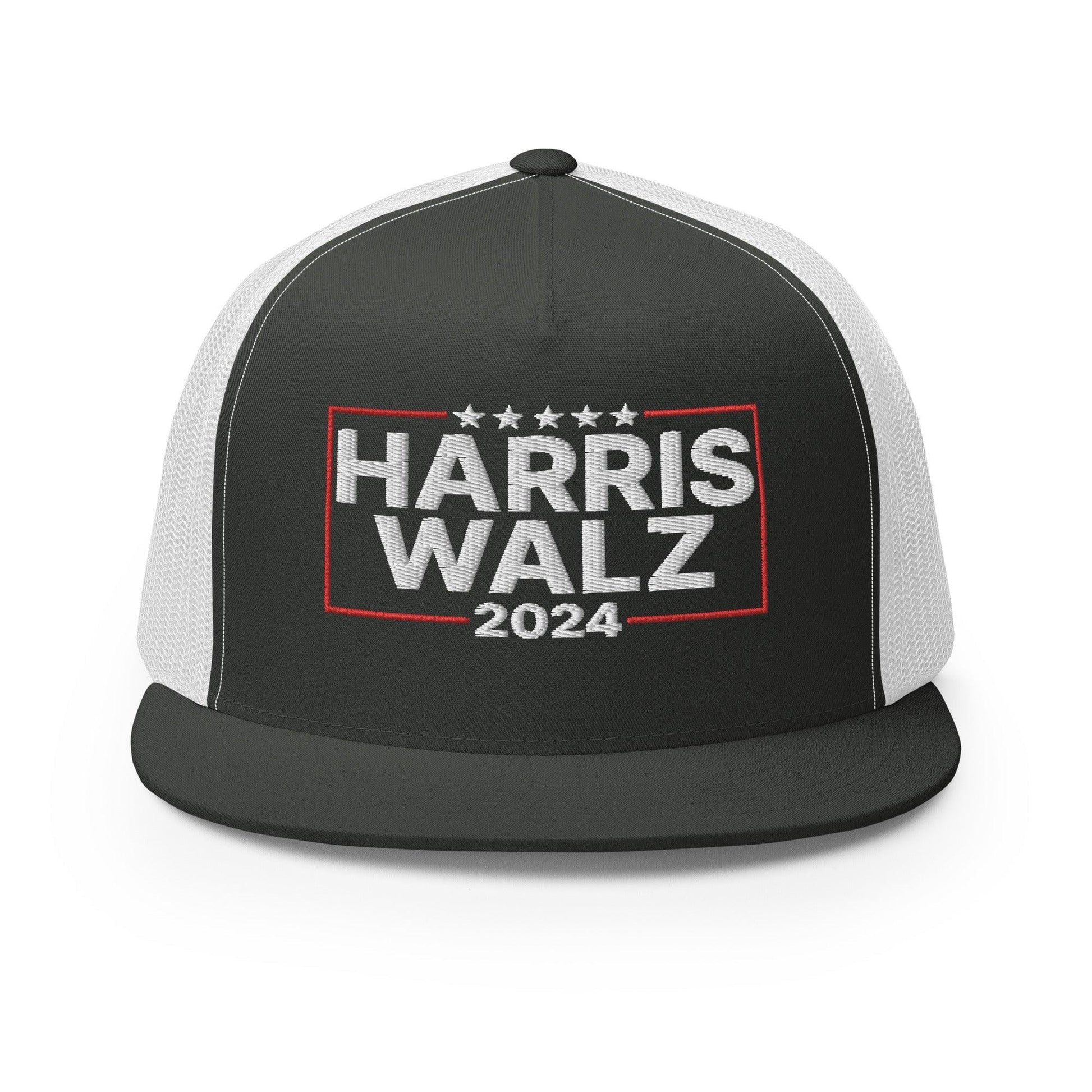 Harris Walz 2024 Flat Bill Brim Trucker Hat - Charcoal/ White