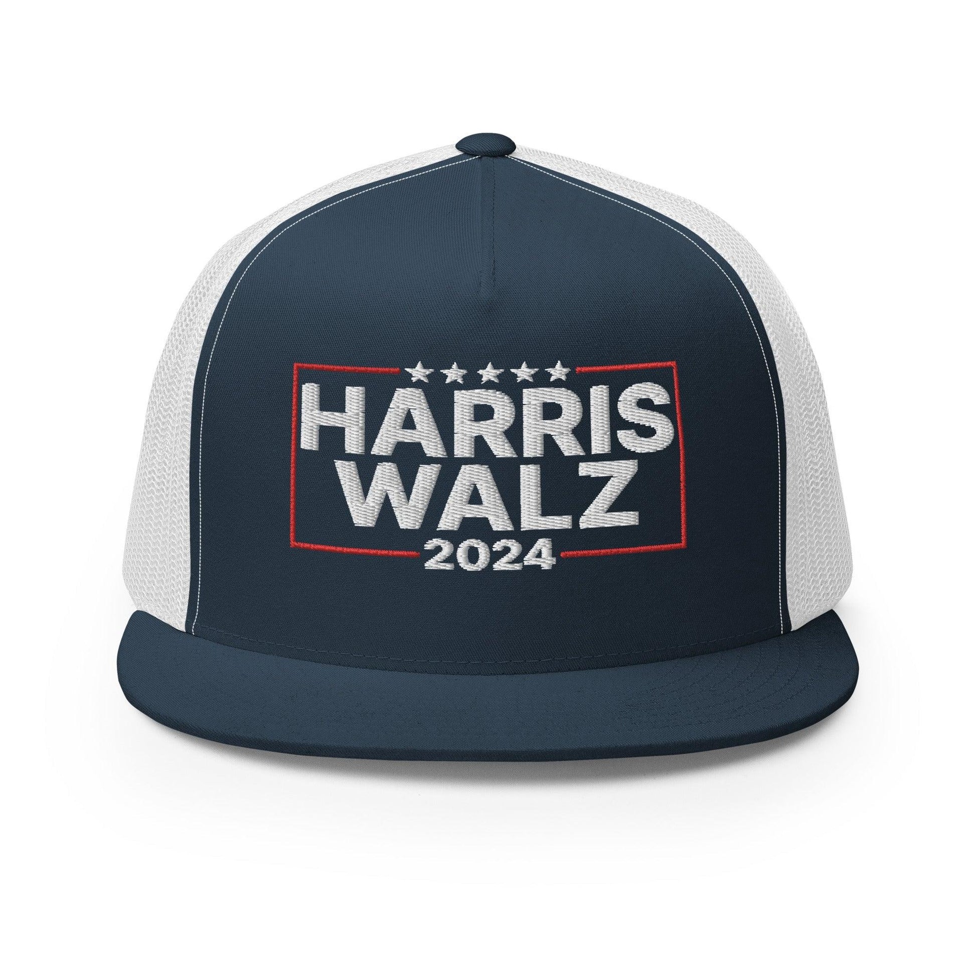 Harris Walz 2024 Flat Bill Brim Trucker Hat - Navy/ White