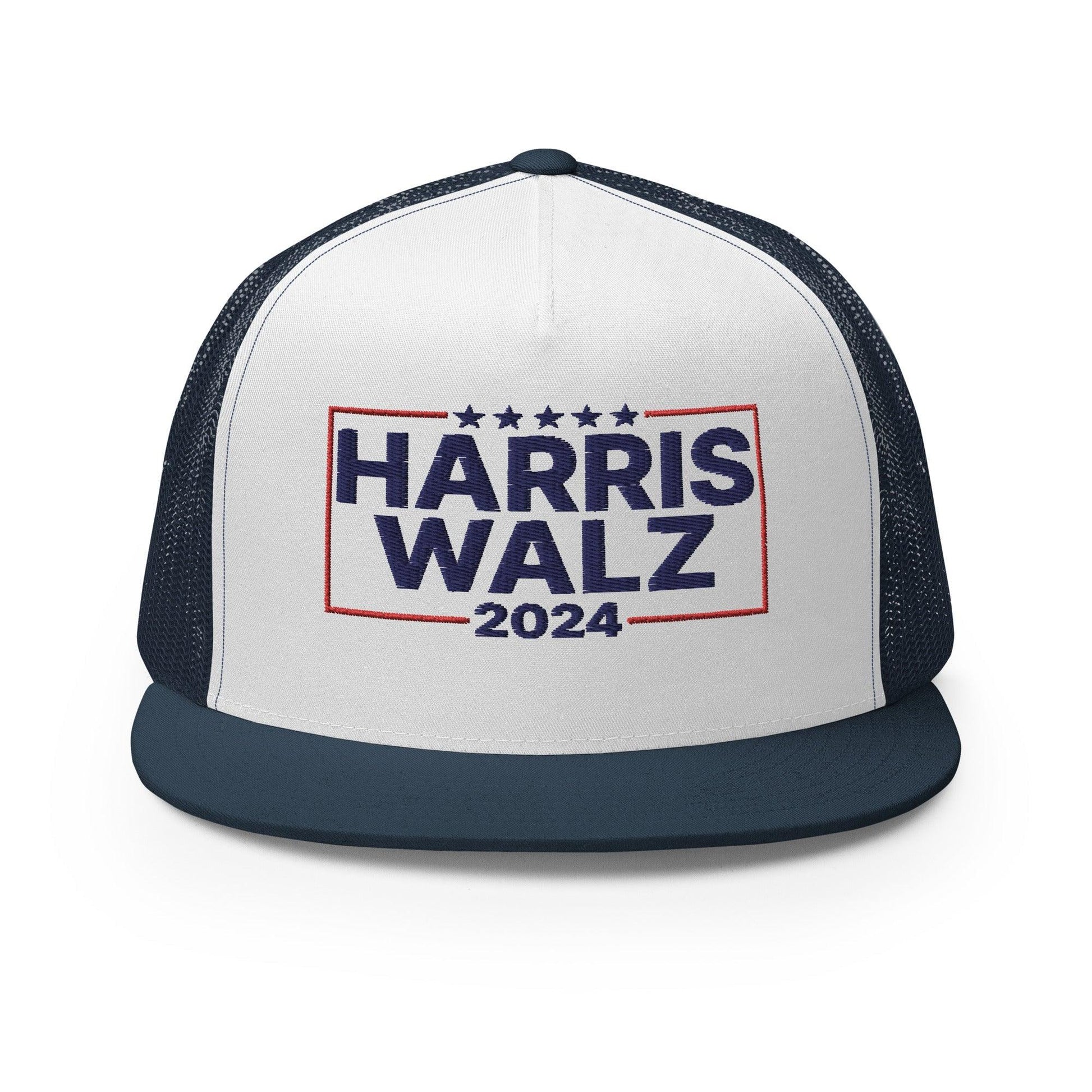 Harris Walz 2024 Flat Bill Brim Trucker Hat - Navy/ White/ Navy