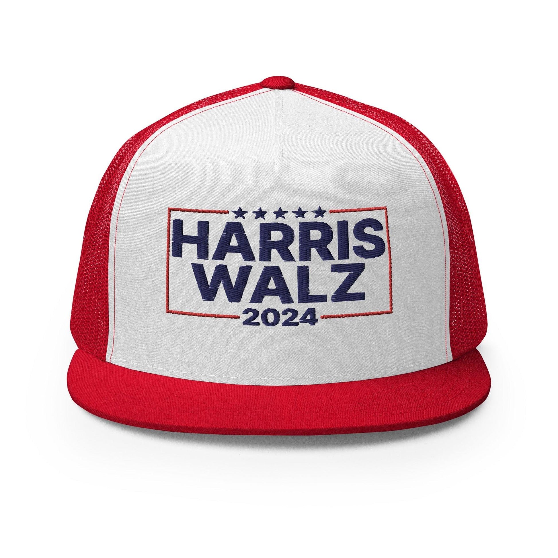 Harris Walz 2024 Flat Bill Brim Trucker Hat - Red/ White/ Red