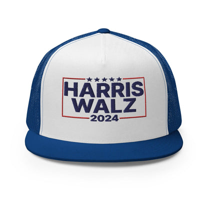 Harris Walz 2024 Flat Bill Brim Trucker Hat - Royal/ White/ Royal