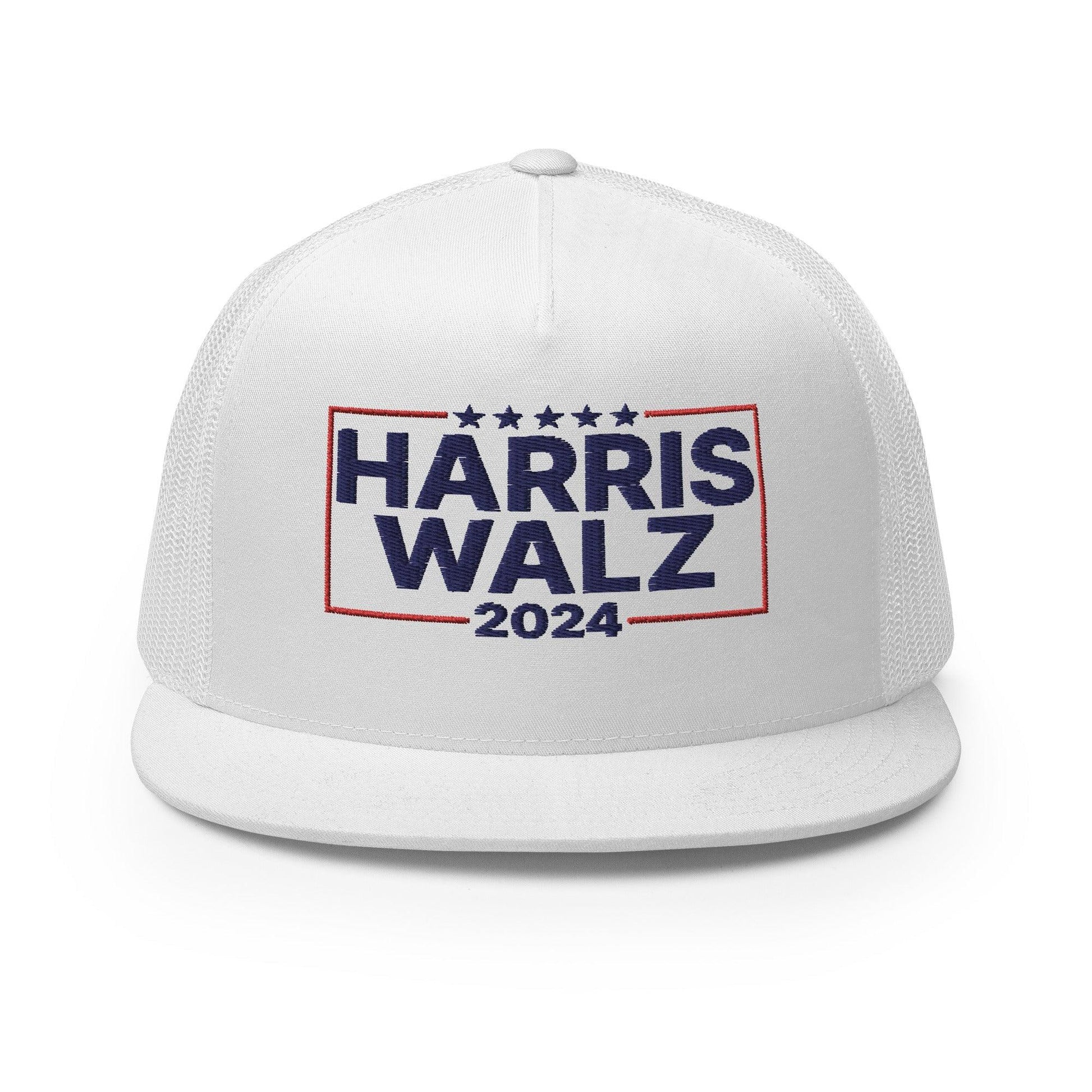 Harris Walz 2024 Flat Bill Brim Trucker Hat - White