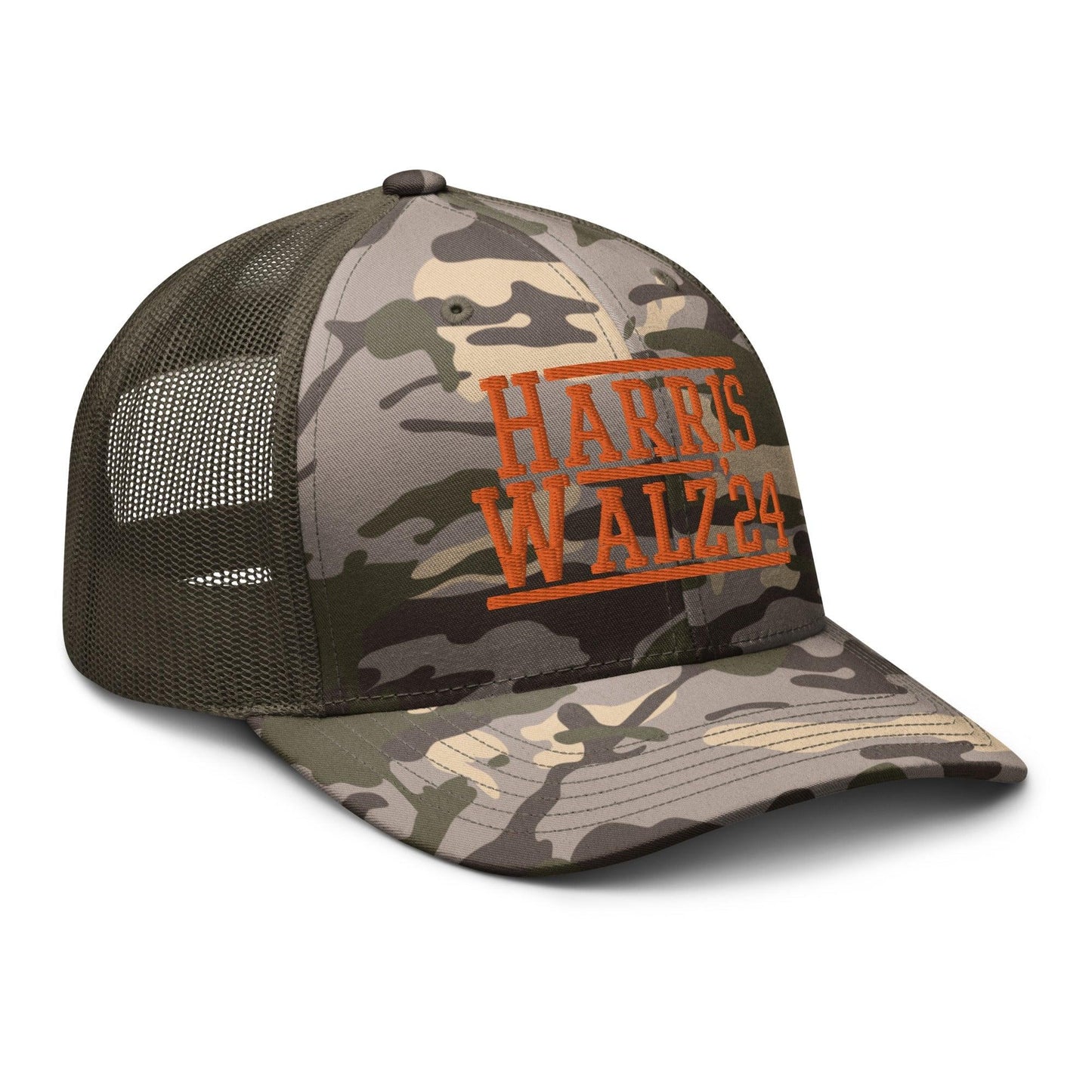 Harris Walz ’24 2024 Camo Trucker Hat Orange