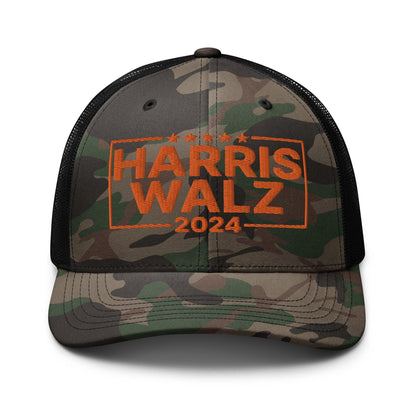 Harris Walz 24 2024 Camo Trucker Hat Orange - Camo/Black