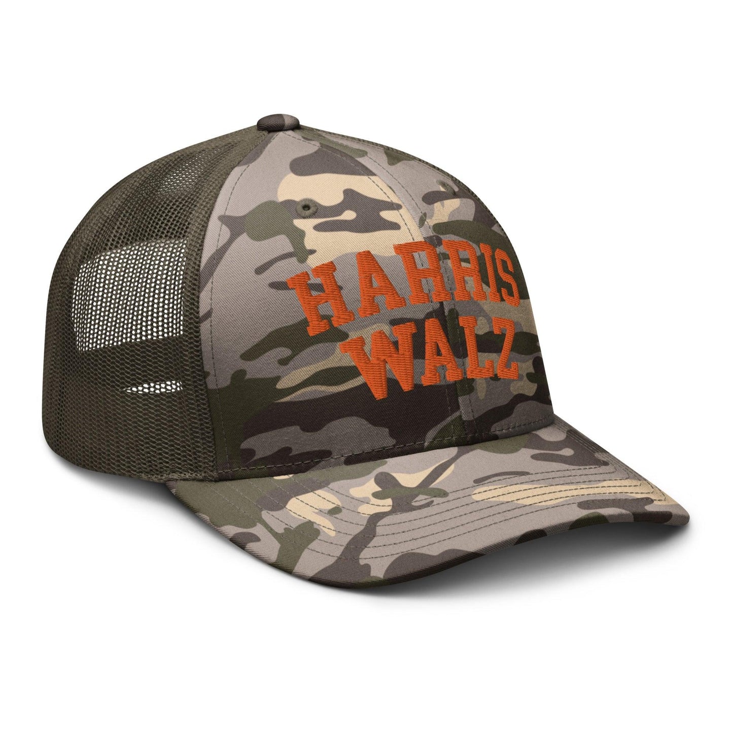 Harris-Walz Midwest Princess Parody Embroidered Camo Trucker Hat Orange