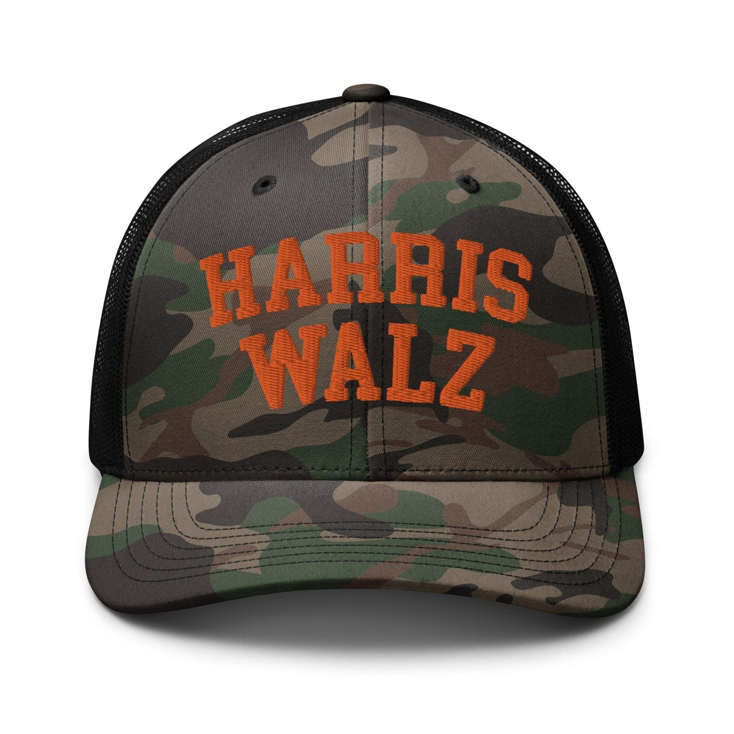 Harris-Walz Midwest Princess Parody Embroidered Camo Trucker Hat Orange - Camo/Black