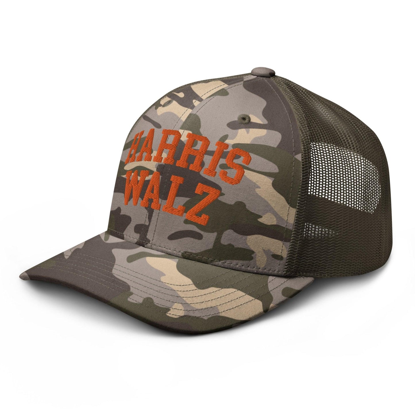 Harris-Walz Midwest Princess Parody Embroidered Camo Trucker Hat Orange