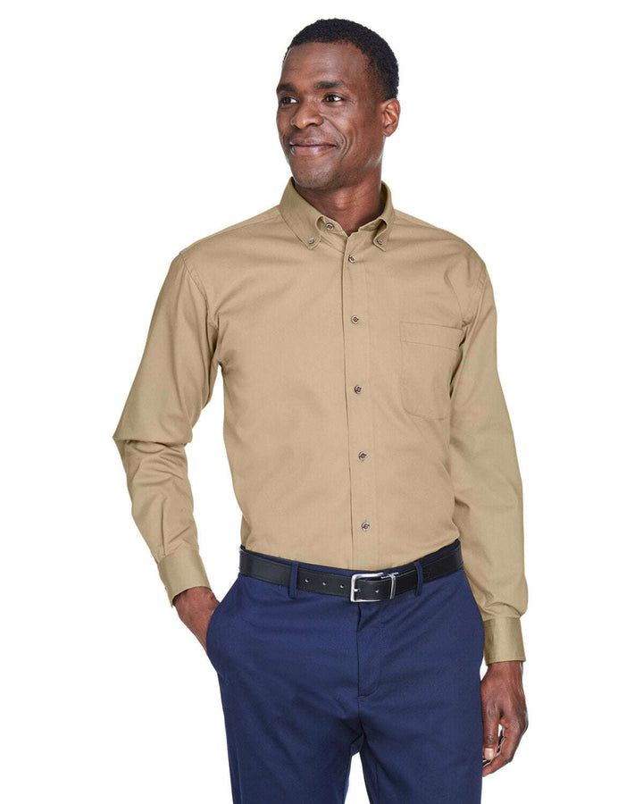 Harriton Men’s Tall Easy Blend™ Long-Sleeve Twill Shirt with Stain-Release M500T - STONE / XLT - Woven Shirts