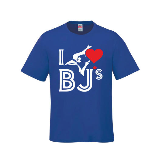 Custom blue t-shirt with I love BJs design, featuring heart Bjs Royal Blue print